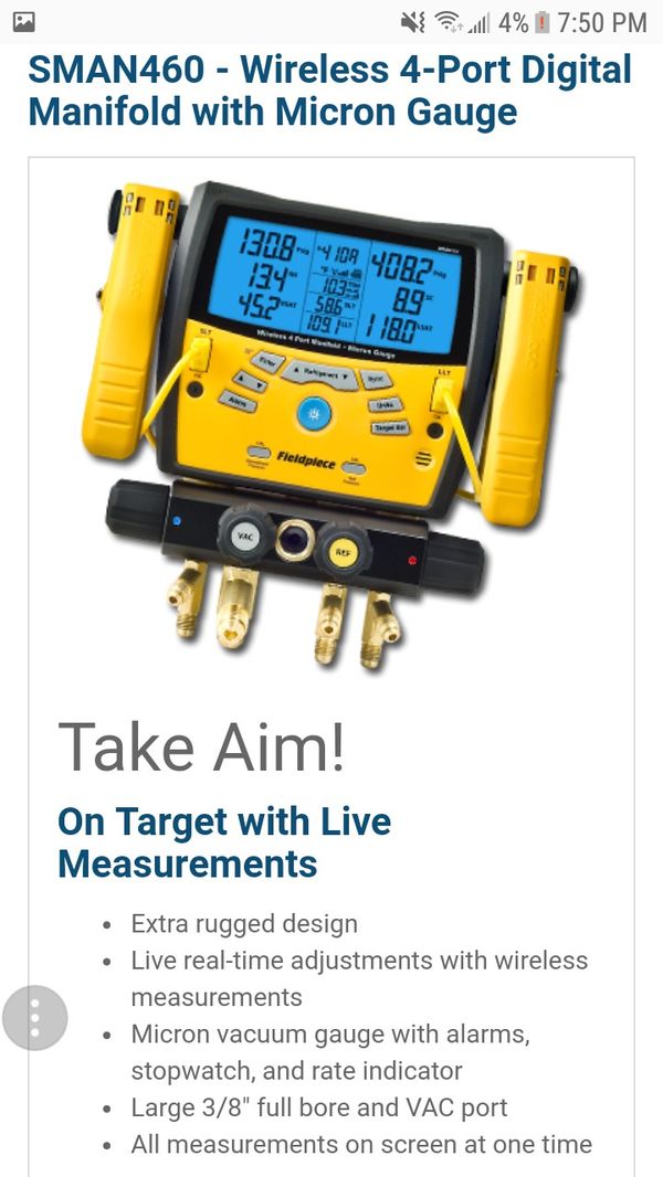 Fieldpiece SMAN 460 Wireless Digital 4port Manifold w/ Micron Gauge