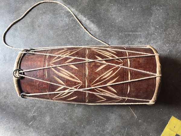 Vintage leather and carved wood bohemian drum or home decor ... Vintage leather and carved wood bohemian drum or home decor ...