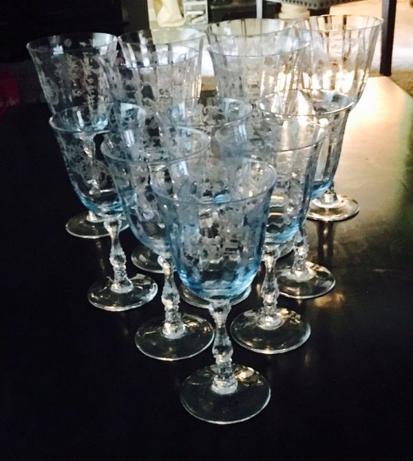 Set of 12 Fostoria Navarre Blue etched Crystal Water Goblets Wine Glasses