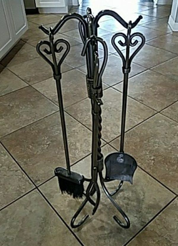 Pewter Wrought Iron 5 Piece Fireplace Tool Set Household In