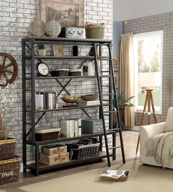 Powder Coated Black Metal Bookshelf Bookcase with Ladder ...